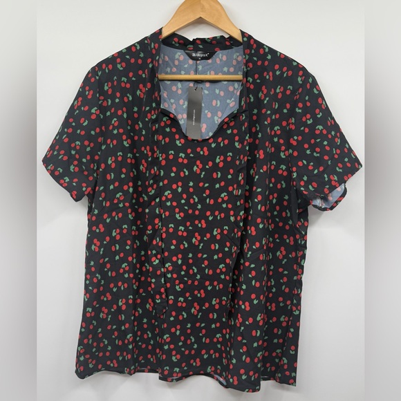 Bow Tie Neck Short Sleeve Printed Chiffon Blouse Black-Cherry SZ XL - Picture 4 of 9